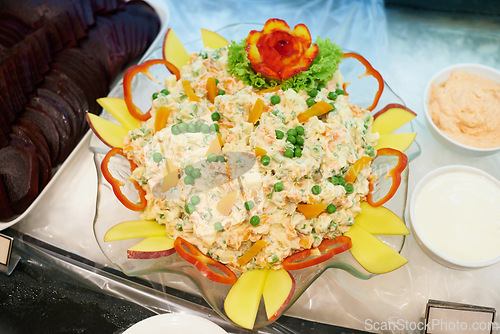 Image of Salad, top view and buffet table at restaurant for catering service, lunch or dinner at event. Fine dining, above and food at party for nutrition, health and diet with meal closeup for celebration