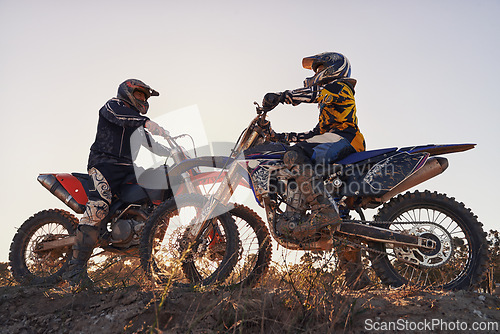 Image of Sport, racer or people on motorcycle outdoor on dirt road with relax after driving, challenge or competition. Motocross, motorbike or dirtbike driver with helmet on offroad course or path for racing