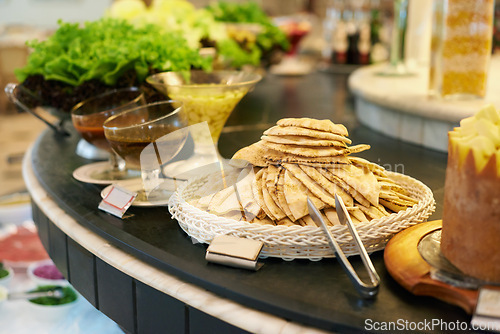 Image of Food, platter and bread in restaurant buffet for catering service, selection and banquet for eating. Cafeteria, fine dining and closeup of snack table for lunch, supper and dinner event for health