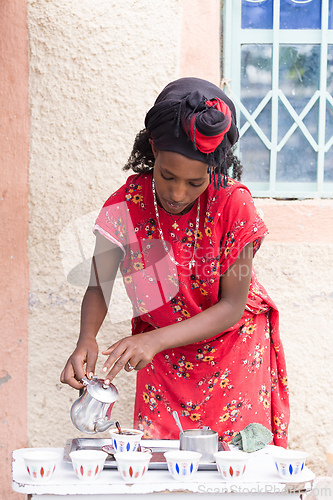 Image of Ethiopian traditional Coffee ceremony, crafting street bunna coffee, Tigray Region Etiopia