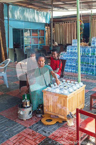 Image of Ethiopian traditional Coffee ceremony, crafting street bunna coffee, Melkasa Etiopia