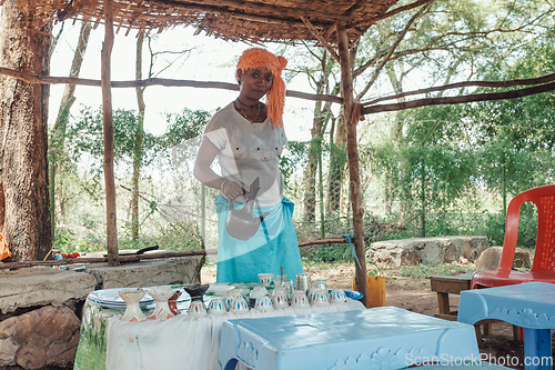 Image of Ethiopian traditional Coffee ceremony, crafting street bunna coffee, Southern Nations Etiopia