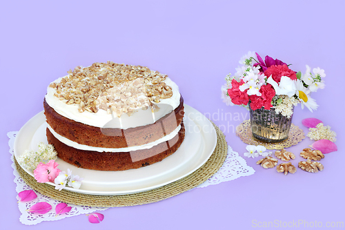 Image of Iced Carrot and Walnut Cake with Summer Flowers