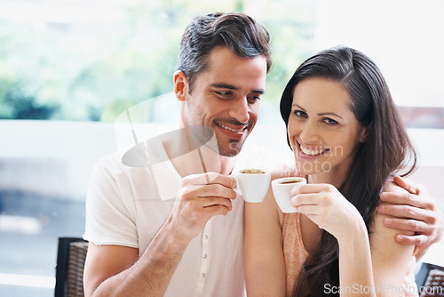 Image of Date, coffee and couple at cafe with happy, smile and love together with toast and hot drink at a table. Espresso, morning and marriage at a restaurant with bonding, care and romance at bistro