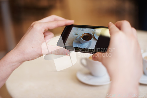 Image of Cellphone, hands and photography of coffee in restaurant and online to review a cappuccino. Person, mobile app and post of espresso for social media followers and influencer with drink in close up