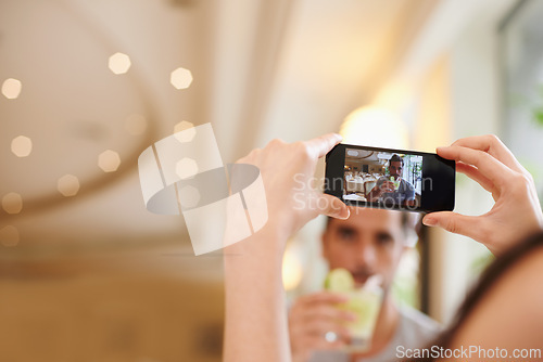 Image of Restaurant, picture and couple with cellphone, screen and connection with mobile user and photograph. Date, man and woman with smartphone and digital app for memory and romantic with Valentines day