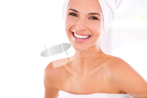 Image of Happy woman, portrait and teeth in dental care, skincare or beauty spa for facial treatment or hygiene at home. Face of female person or model smile in satisfaction for dermatology on mockup space