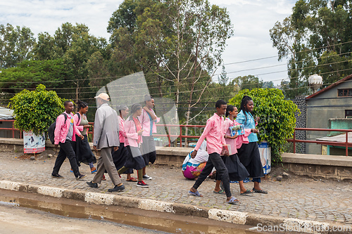 Image of Ethiopian students behind secondary school in Gondar, Ethiopia