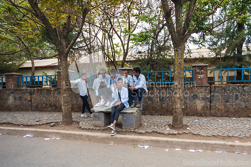 Image of Ethiopian students behind secondary school in Gondar, Ethiopia