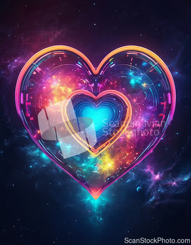 Image of Abstract multicolored futuristic heart on a space background