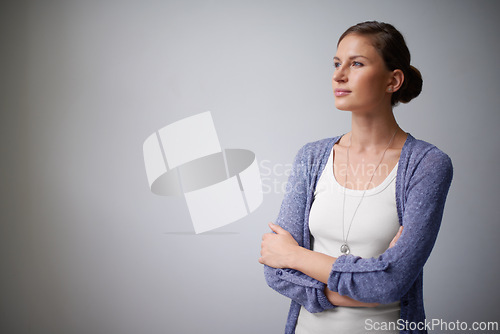 Image of Space, designer or woman thinking in studio with arms crossed, creative plan or confidence. Brainstorming, employee or proud entrepreneur with vision or ideas or mockup isolated on grey background