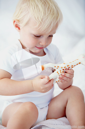 Image of Baby, kid and playing with giraffe in home nursery, learning and having fun on bed. Toddler, animal and cute child with toy for development, education and childhood of innocent boy in house alone