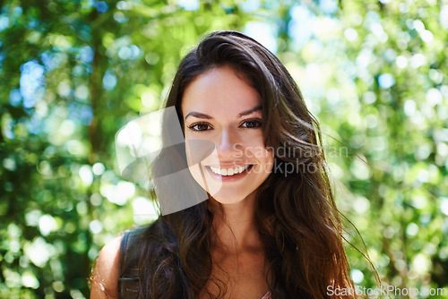 Image of Hiking, forest or portrait of happy woman in park or wilderness for a trekking adventure. Smile, face or excited female hiker walking in woods or nature for travel, exercise or wellness on holiday