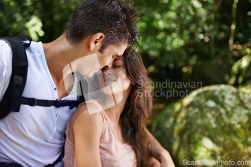 Image of Romantic, nature and couple in forest for hiking, trekking and adventure for wellness, relax and explore. Dating, love and man and woman on holiday, vacation and freedom on weekend for exercise