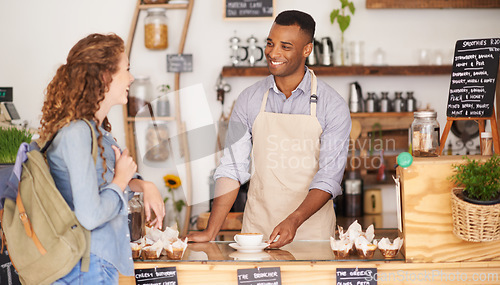 Image of Barista, coffee shop and customer for services with order, drink and talking of food, hospitality and laughing at counter. Small business owner with student for discount at a cafe, market or bakery