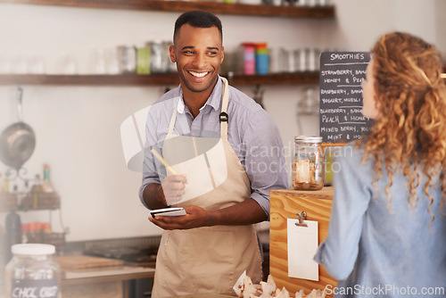 Image of Customer, cafe and waiter with order at counter for purchase, decision and buying lunch at coffee shop. Woman, small business and male barista with notepad for service, writing and choice on menu