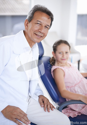 Image of Man, dentist and child patient with portrait for teeth clean for healthy mouth consulting or hygiene, oral care or examination. Male person, kid and face for whitening tooth, wellness or appointment