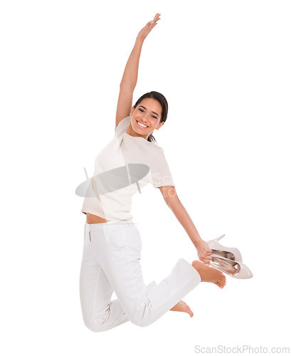 Image of Woman, excited and jump in studio for success, winning and achievement with fashion, bonus or sale. Excited portrait of winner for freedom, yes or celebration in air with heels on a white background