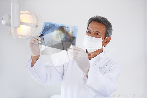 Image of Senior dentist, man and xray of teeth for dental surgery, healthcare and oral health with face mask in clinic. Medical professional with analysis of scan, radiology and orthodontics with mouth care