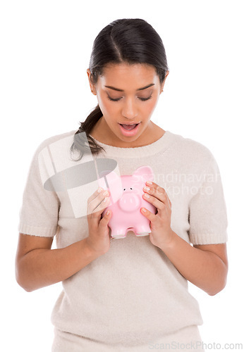 Image of Wow, surprise or woman with piggy bank in studio for budget, savings or investment growth on white background. Money, box or model with financial container, payment or unexpected cashback profit