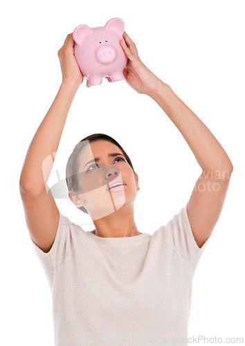 Image of Stress, debt or woman in studio for piggy bank, crisis or budget, savings or payment fail on white background. Economy, inflation or frustrated model with empty cash container, disaster or bankruptcy