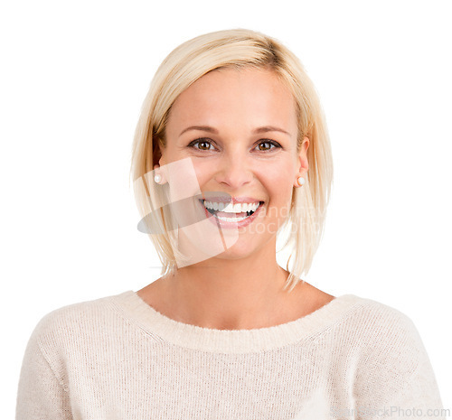 Image of Portrait, beauty and blonde with smile of woman in studio isolated on white background for natural cosmetics. Face, aesthetic or skincare and happy young person looking satisfied with dermatology