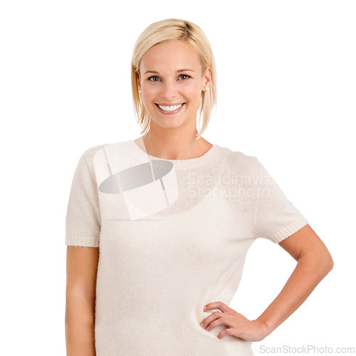 Image of Portrait, fashion and smile with confident woman in studio isolated on white background for style. Model, clothes and attitude with confident young person in trendy or casual clothing outfit