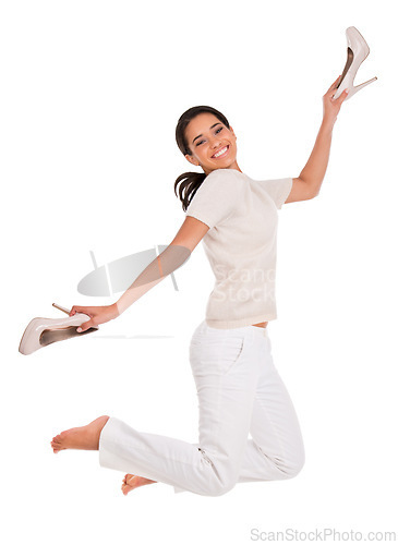 Image of Excited, jump and portrait of happy woman in studio with news, sale or shoes discount on white background. Wow, energy or female model with deal celebration, freedom or retail, shopping or mall promo