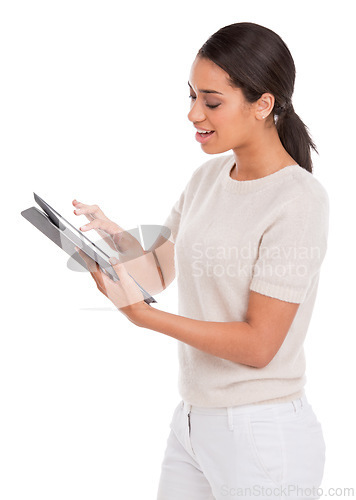 Image of Woman, tablet and typing in studio for online career, research and social media for creative, information or website. Young designer with startup, project and digital technology on a white background