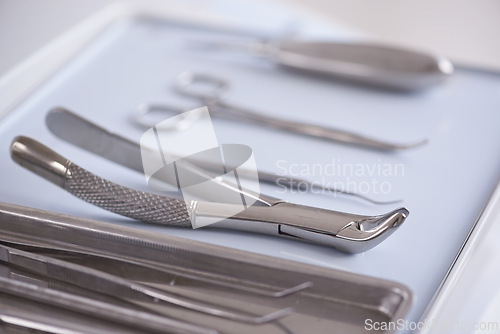 Image of Dental, instrument and tools treatment consultation for examination, cleaning or hygiene. Equipment, explorers or scaler for teeth care or oral help for mouth checkup or dentist, tooth or forceps