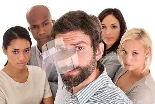 Image of Business, people and studio portrait with serious employees, doubt and skeptical on white background. Diversity staff, professional group and leadership review for career in accounting together