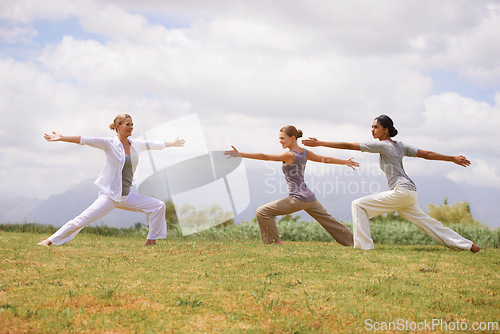 Image of Group, women and yoga instructor in warrior pose outdoor for healthy body, exercise or fitness. Teacher, virabhadrasana and people in nature for balance, stretching and holistic practice for wellness