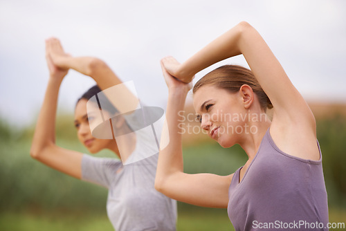 Image of Woman, friends and yoga in nature for spiritual wellness, health or outdoor exercise. Face of female person or yogi meditating in relax, pilates or namaste for zen, balance or calm in workout