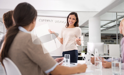 Image of Businesswoman, presentation and boardroom teamwork for training or company vision, growth or planning. Female person, colleagues and notes for brainstorming in office for proposal, future or startup