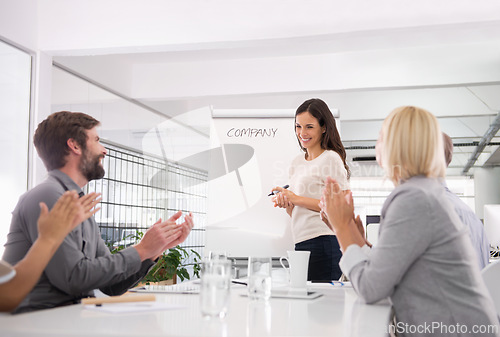 Image of Businesswoman, presentation and boardroom meeting with applause for company vision, development or coaching. Female person, colleagues and clapping for employee collaboration, achievement or goals