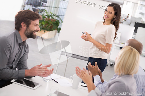 Image of Presentation, clapping and business woman with whiteboard, company vision or proposal for team. Female leadership, audience and coworkers applause for ideas, discussion or planning in boardroom