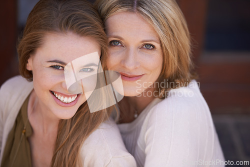 Image of Loving, family and portrait mother and daughter smiling for happy, joyful and relax on vacation. Women, face and affectionate in relationship, security and bonding in America at home for connection