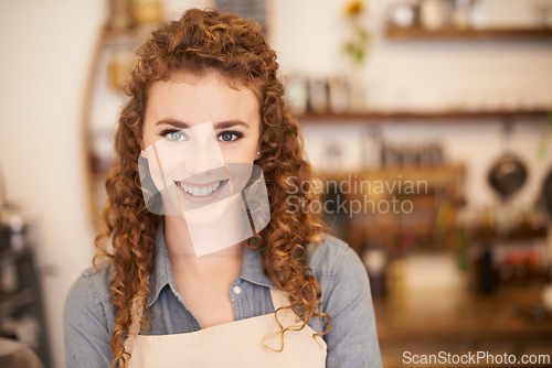 Image of Portrait, restaurant and happy woman with confidence in small business for service with pride in bakery. Coffee shop, cafe and face of girl waitress with hospitality, smile or entrepreneur at startup