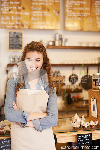 Image of Portrait, welcome and woman with confidence in restaurant for service with happy small business owner. Coffee shop, cafe or bistro person with smile, hospitality or entrepreneur at startup bakery.