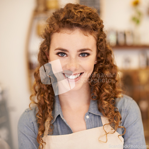 Image of Portrait, cafe and happy woman with confidence in small business for service with pride in bakery. Coffee shop, restaurant and face of girl manager with hospitality, smile or entrepreneur at startup.