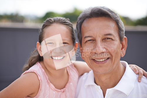 Image of Happy, girl and grandpa in portrait outdoor on summer, holiday or vacation together in retirement with love. Senior, man and grandparent hug child and relax in backyard, garden or embrace in Mexico