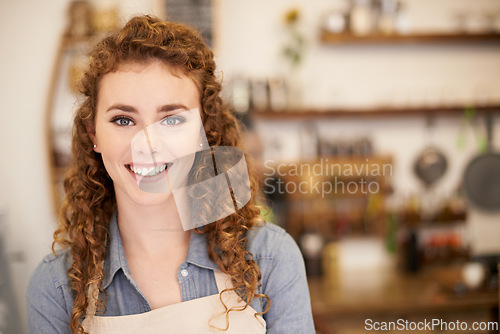 Image of Portrait, welcome and woman with smile in restaurant for service with happy small business employee. Local coffee shop, cafe or bistro manager with hospitality, bakery or waitress at startup store