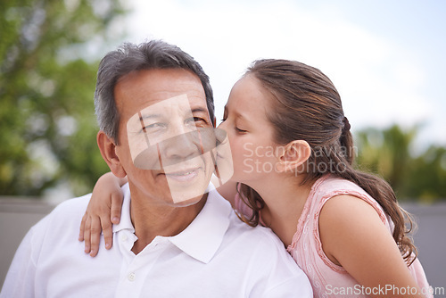 Image of Outdoor, portrait and girl kiss grandpa on summer, holiday or vacation together in retirement with love. Senior, man and grandparent relax with child in backyard, garden or hug in Mexico with care