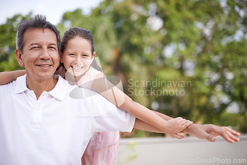 Image of Outdoor, portrait and man with granddaughter, smile and piggyback in summer with grandchild and love. Mature person, happy and nature for playing with little girl, aeroplane and joy for senior