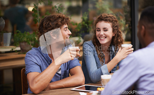 Image of Friends, smile and coffee at cafe for fun, conversation and bonding together in San Francisco. Happy, gen z people and tea with playful, discussion and joke for rest and relaxation at restaurant