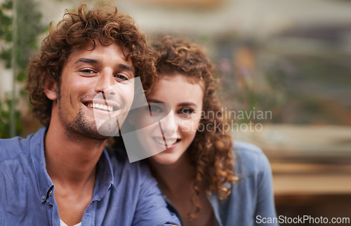 Image of Happy, smile and portrait of couple at coffee shop on romantic, anniversary or morning date. Love, positive and young man and woman bonding at cafeteria or restaurant for cappuccino together.