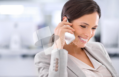 Image of Happy, thinking and woman with professional phone call in office for communication of investment. Investor, smile and networking on smartphone with information for client on stocks, strategy or idea