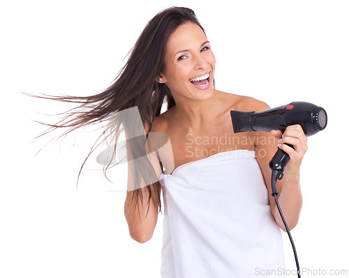 Image of Woman, portrait and blow dryer and hair treatment in studio with salon tool with towel for morning routine, white background or style. Female person, equipment and heat for beauty, texture or mockup