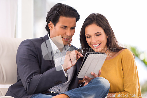 Image of Communication, couple and tablet for social media, streaming or online shopping. Happy man, married couple and woman in living room browsing internet, conversation or reading post with technology.