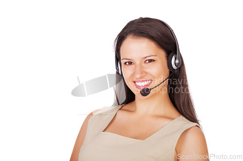 Image of Businesswoman, portrait and headset at call center for customer service, communication or telemarketing. Female person, face and studio on white background as advisor or support, help or mockup space